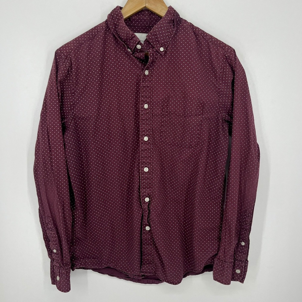 American Eagle Mens Burgundy Polka Dot Button Down Shirt Long Sleeve Size M